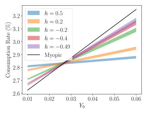Figure 5.1: Upper and lower bounds on the optimal consumption rate at t = 0. The slope increases as h decreases.