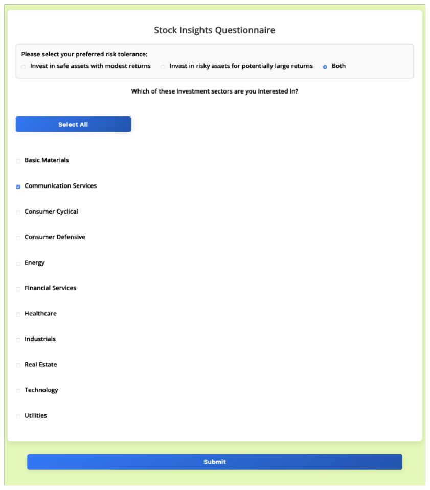 Figure 6: This is a completed questionnaire for a user who is interested in communication services stocks across risk le
