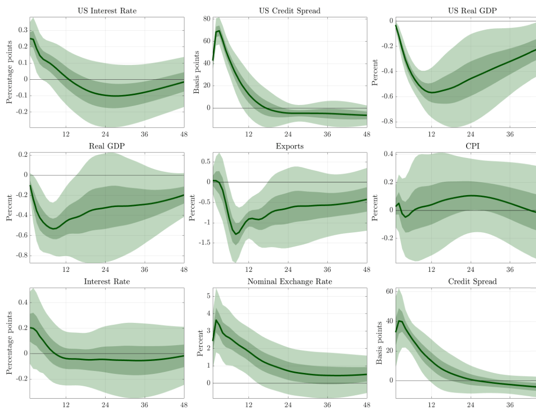 Figure 1: Impulse responses to a US monetary policy tightening.